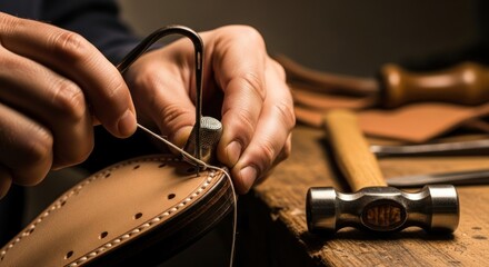Craftsman's hands meticulously stitching leather in a traditional workshop.