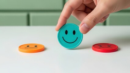 Hand holding happy face token choice between colors