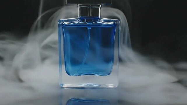 Elegant blue perfume bottle with smoke