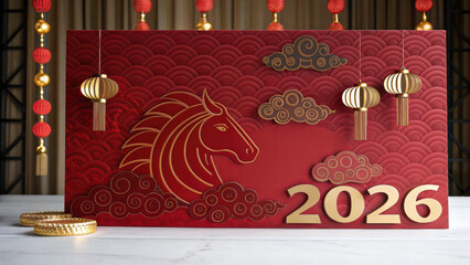 Chinese new year 2026 celebration with red and gold horse design lanterns and clouds on decorative background for festive mood