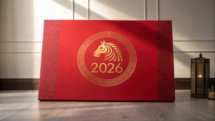 Chinese new year 2026 celebration with red and gold horse symbol on decorative card placed on wooden floor with lanterns