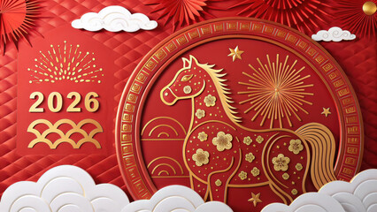 Chinese new year 2026 celebration with red and gold horse design fireworks and clouds creating festive and joyful atmosphere