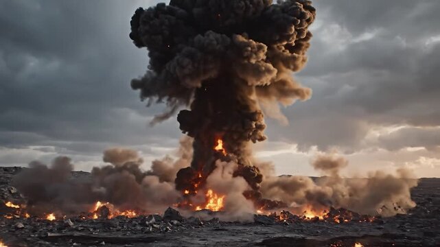 Explosion in a rocky desert landscape with fire and smoke