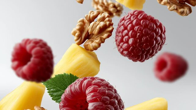 Vibrant assortment of floating raspberries, pineapple chunks, and walnuts in mid-air, showcasing dynamic motion and colorful textures in a visually appealing arrangement for culinary inspiration