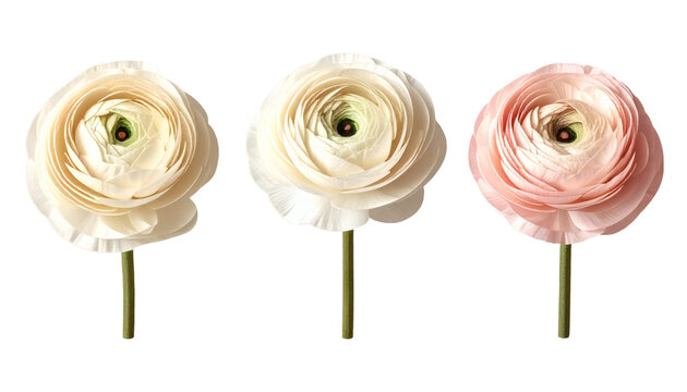 A delicate set of ranunculus flowers in creamy pink tones, with soft, layered petals and gentle pastels. Ideal for weddings, scrapbooking, floral designs, stationery, and romantic spring projects.