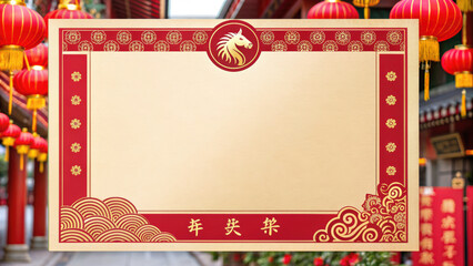 Chinese new year 2026 celebration card with horse symbol and traditional red and gold design for festive greetings and wishes