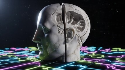 Marble head cut open with brain revealed futuristic digital neon grid dark space background
