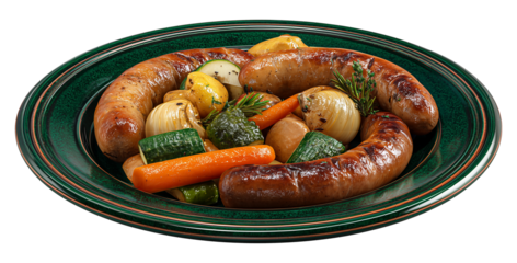 german sausages with vegetables on a dark green plate with rustic warm tones and hearty textured presentation