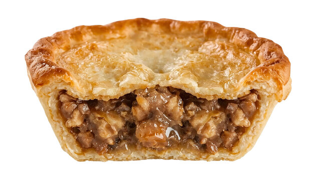 Traditional english pork pie slice with golden hot water crust and juicy meaty filling, closeup for national pie day celebration