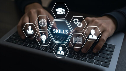 A person typing on a laptop with a skills icon overlay on the screen