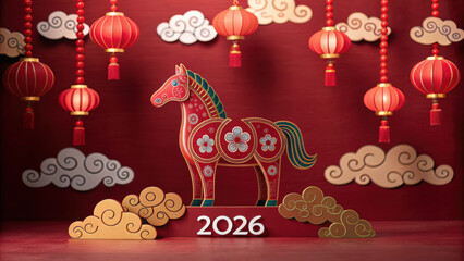 Chinese new year 2026 celebration with red lanterns and decorative horse symbol surrounded by stylized clouds in festive setting
