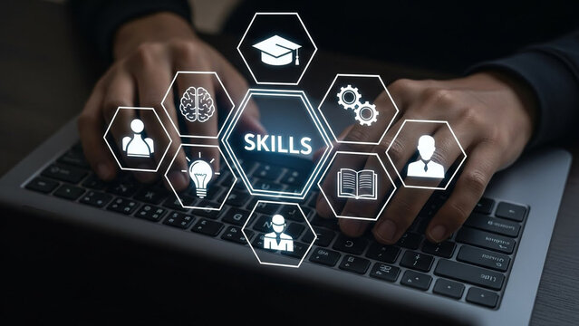 A person typing on a laptop with a skills icon overlay on the screen - Powered by Adobe