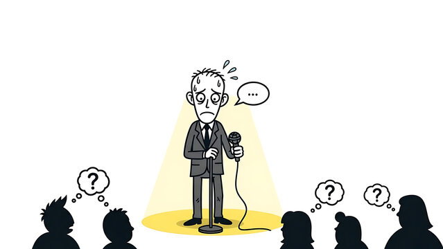 Nervous businessman on stage with a microphone, feeling anxious in front of an audience
