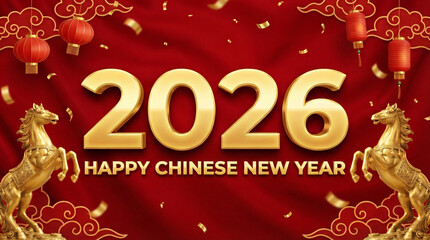 Happy Chinese New Year 2026 banner, Year of the Horse, red and gold.