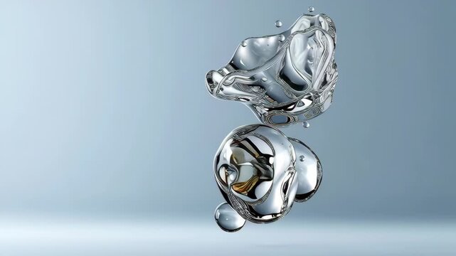 Fluid dynamics captured in three sequential frames showcasing the transformation of water droplets merging and separating, highlighting the intricate shapes and reflections in a serene environment