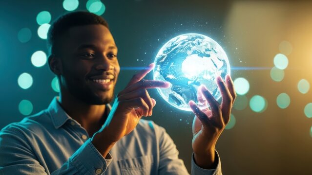 Man holding glowing digital globe technology future innovation - Powered by Adobe