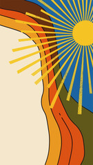 Abstract colorful design with sun rays and wavy patterns for a nostalgic aesthetic celebrating Australia Day, featuring ample copy space.