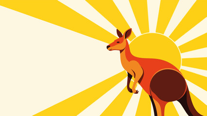 Australian kangaroo basking in the sun, radiating a vibrant and cheerful mood, with sunburst rays in the background, ideal for a 1950s-style Australia Day poster with copy space.