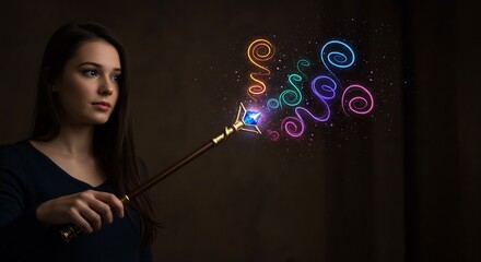 集中した表情で神秘的な輝きを放つ魔法の杖を振るう女性が暗闇にネオンのような鮮やかな光の軌跡を巧みに描き出し幻想的な世界を創造. AI Generated