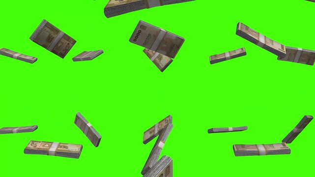 Sri Lankan Rupee banknotes falling on green screen, LKR currency rain