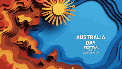 Australia Day Festival in Paper Cut Style with Vibrant Colors and Sun Rays for Event Promotion, Poster Design, Social Media Content, and Creative Advertising