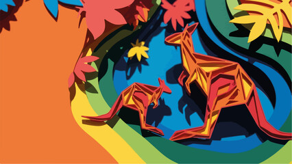 Colorful Paper Cut Style Kangaroo Family Among Vibrant Tropical Foliage for Australia Day Festival Poster, Greeting Cards, Educational Materials, and Event Announcements