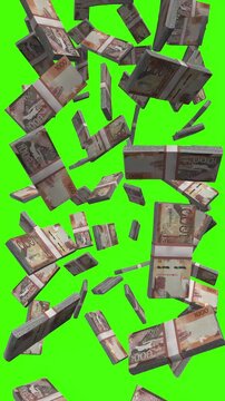 Vertical Kenyan Shilling bills falling on chromakey, KES cash rain