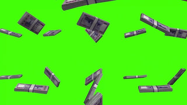 Bangladesh Taka banknotes falling on green screen, BDT currency rain