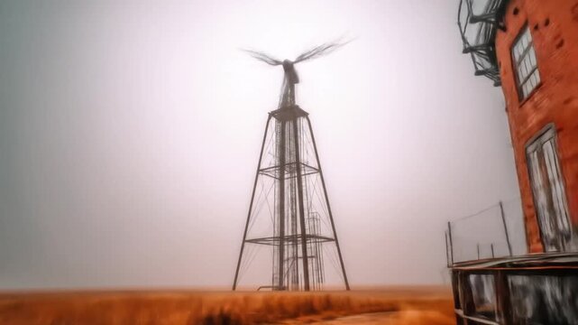 A tall windmill, silhouette against a hazy sky, atop an arid landscape. The blades are blurred from rotation