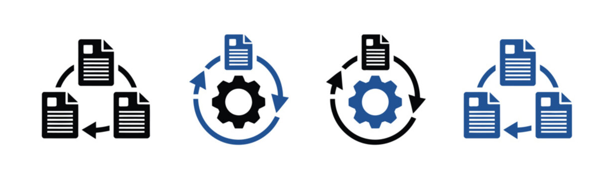 Project documentation icon set featuring document with gear icon, standard operating procedure symbol, process documentation illustration, vector design and transparent png suitable for apps, websites
