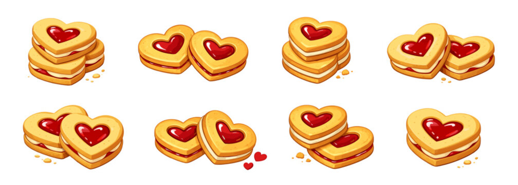Valentines day cookie collection with heart shapes. Valentine Day sweet dessert biscuits with jam filling