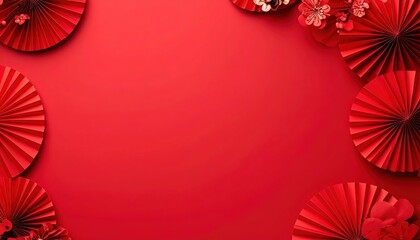 Red background with paper fans and place for your text or image.