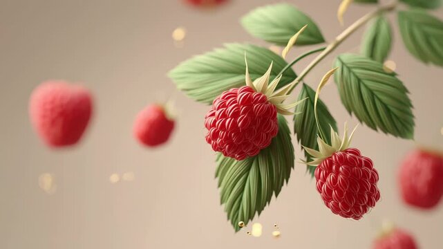 Vibrant raspberry branch with ripe berries and lush green leaves, showcasing gradual movement and dynamic elements as fruits appear to sway gently in a soft, artistic backdrop