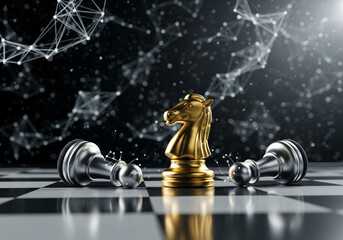 Strategic leadership and artificial intelligence concept with golden chess piece.