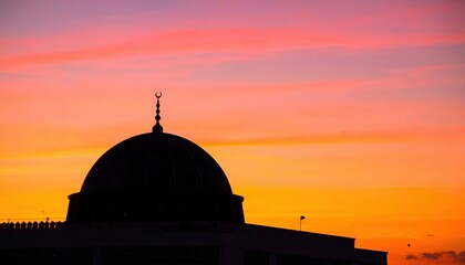 The sky is pink and orange in color with dome in the.