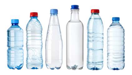 Clean drinking water in various plastic bottles