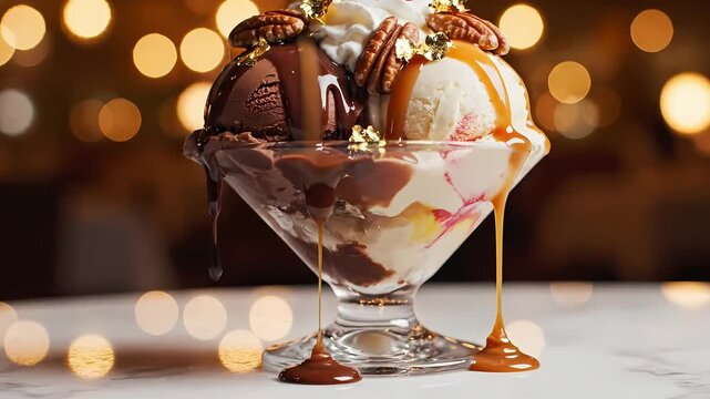 A decadent ice cream sundae topped with rich chocolate, caramel, pecans, and whipped cream