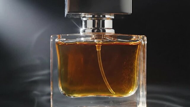Elegant perfume bottle on reflective surface