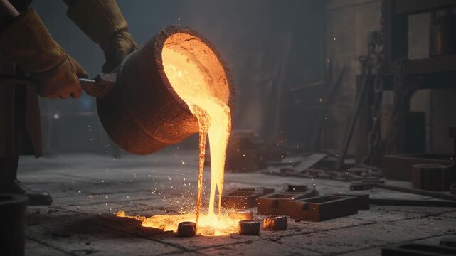 Molten metal pour foundry worker with glowing slag and intense industrial heat liquid steel casting from crucible into mold, sparks and smoke fill