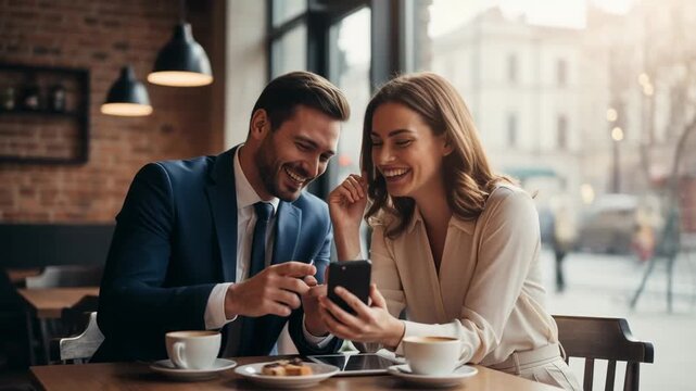 Smiling couple cafe coffee conversation smartphone modern daylight window urban lifestyle meeting candid happy mood sharing laughter connection