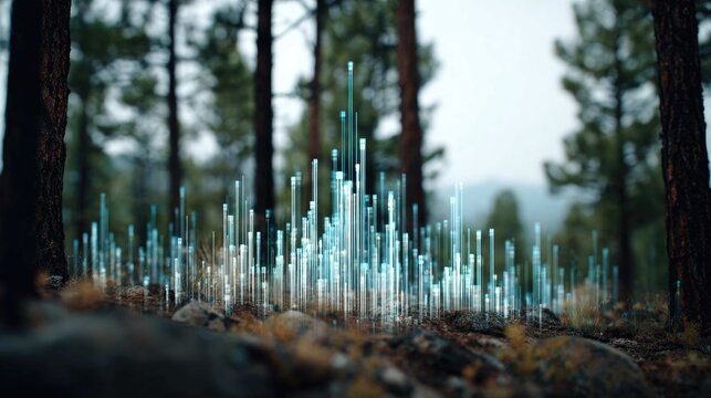Digital data visualization overlaid on a forest floor, amongst blurred trees in soft focus - Powered by Adobe
