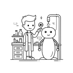 Obraz premium Boy Scientist Examining Robot in Laboratory Setting with Various Equipment