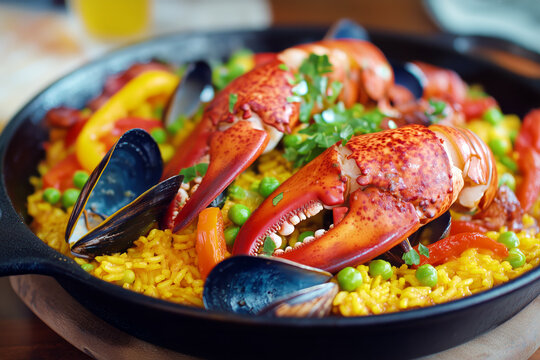 Mediterranean lobster paella with saffron rice, colorful bell peppers, peas, and mussels, presented in a traditional cast-iron skillet