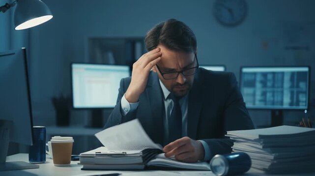 Stressed businessman late night office with paperwork and computer screens, reviewing financial report while tired deadline corporate setting