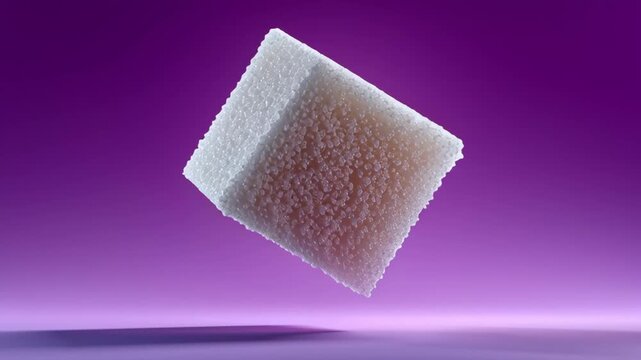 Floating sugar cube gradually rotating in mid-air showcasing its textured surface and crystalline structure against a vibrant purple background highlighting the visual dynamics of the object in motion