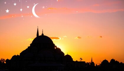 The sun is setting over mosque in the middle city with crescent.