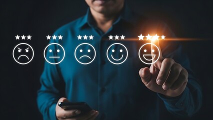 Hand touching a glowing five star rating on a digital screen symbolizing excellent customer satisfaction and positive service experience with feedback