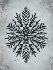 Intricate black ink snowflake drawing with fern leaf details on textured grey background