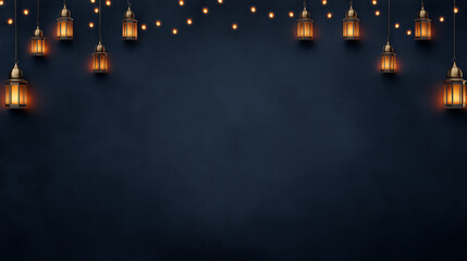 Minimal hanging Ramadan lanterns and string lights on dark blue background with copy space