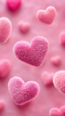 Floating pink fluffy hearts vertical background wallpaper for mobile phone with bokeh effect